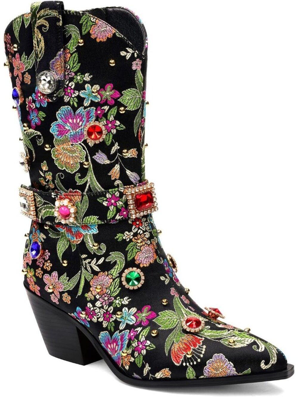 Women's Black Rhinestone Sparkly Cowgirl Diamond Floral Embroidery Mid Calf Boot